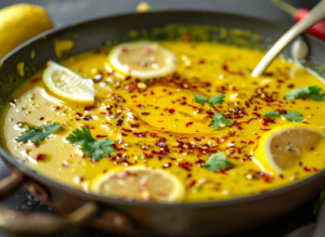 Simmering of creamy butter sauce with lemon slices and chili flakes for the Best Poached Fish Recipe