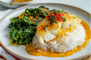 Final plating of the Best Poached Fish Recipe served with steaming hot jasmine rice