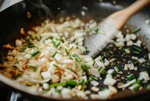 Finely chopped onions and lemon grass frying in a pan, the initial stage of dried fish recipe.