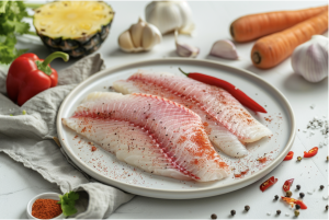 A plate of fresh tilapia fillets surrounded by ingredients for preparing Chinese-style sweet and sour fish.