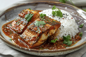 Plate of fish fillets in sambal sauce served with steamed white rice and garnished with cilantro.