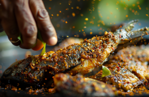 A plate of fresh mackerel marinating with spices and aromatics for Assam Pedas Fish