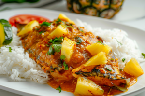 Final and finished plating of Assam pedas fish curry served on a bed of rice