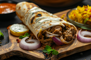 Succulent pieces of mutton dhansak wrapped in a flaky roti, oozing out the spicy sauce with onion rings, pudina on side