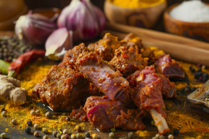 A plate of fresh bone in mutton marinated and surrounded by ingredients for preparing golbari kosha mangsho