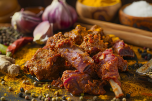 A plate of fresh bone in mutton marinated and surrounded by ingredients for preparing golbari kosha mangsho