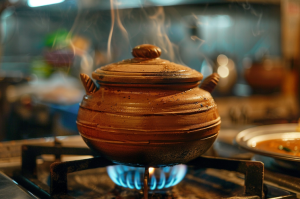 A clay pot on a gas stove burner