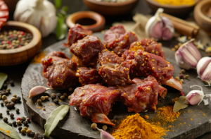 A plate of fresh bone in mutton marinated for mutton curry, surrounded by ingredients for preparing golbari kosha mangsho