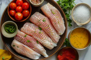 A plate of fresh pabda fish fillets surrounded by tomatoes, salt, coriander for preparing pabda fish curry