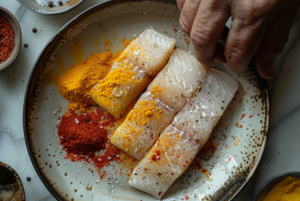 A bowl of marinated fish with turmeric and chilly powder for pabda fish curry