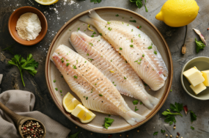 A plate of fresh sole fish fillets surrounded by ingredients for preparing Sole Meunière.