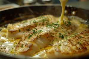 Pan-fried sole fish in a delectable buttery lemon sauce and garnished with fresh parsley. Sole Meuniere