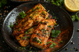 Pan-fried tilapia fish garnished with fresh coriander leaves.