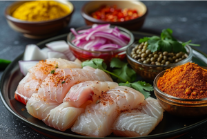 A fresh Rohu fillet on a plate with turmeric powder, chili powder, sliced onions, and red chilies getting prepper for Rohu Fish Curry Recipe