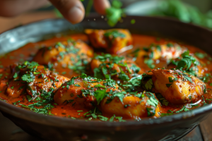 Andhra Style Basa Rohu Fish Curry simmering in a pot with rich, spicy gravy and aromatic spices