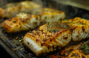 Grouper fillets sizzling in a grill pan with a golden-brown crust, topped with lemon slices and herbs.