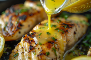 Golden fried grouper fillets in a pan with lemon butter sauce being poured over them.