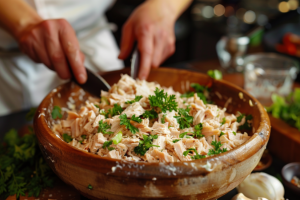 A person mixing tuna, salad, and mayonnaise in a bowl with a wooden spoon