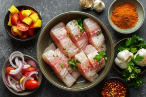 Kingfish fillets in a bowl surrounded by bowls of garlic, chili powder, tomatoes, and onions.