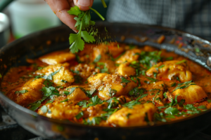 Mango Kingfish curry being marinated with fresh coriander leaves.