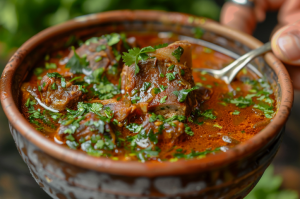 A bowl of finished mutton leg soup garnished with fresh coriander leaves.