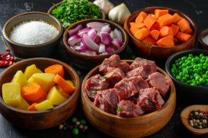 A bowl of raw mutton pieces surrounded by bowls of onions, peas, potatoes, and carrots.