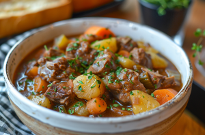 A finished bowl of mutton stew with visible vegetables like carrots, peas, and potatoes.