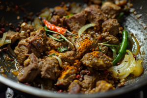 Fresh mutton pieces being marinated in aromatic spices.