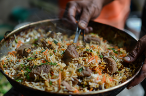 A large pot of mutton pulao simmering on a stove, with steam rising.