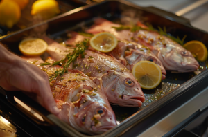 Fresh snappers being carefully placed into a preheated oven for cooking.