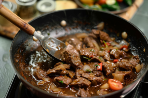 Mutton liver being cooked in a wok with aromatic spices