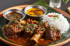 A plate of aromatic Mutton Ghee Roast, garnished with fresh coriander leaves served with a side of steamed rice 
