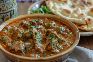 A plate of Afghani Mutton Gosht, garnished with fresh herbs and served with naan.