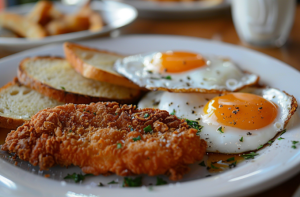 Cooked mutton cutlets served with sunny side up eggs and slices of fresh bread on a plate.