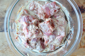 Raw, tender mutton pieces marinated in a mixture of yogurt and spices.