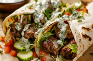 Mutton kebab wrapped in a tortilla with fresh veggies and yoghurt sauce.