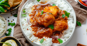 A final plating of mackerel fish dish on a bed of rice. Pair it with bangda fry too.