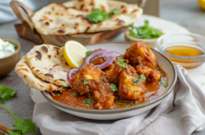 A bowl of bangda curry served along with naan, onion rings and lemon slice. Goes well with bangda fry too.