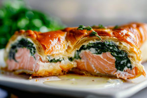 A flaky puff pastry parcel cut open to reveal a layer of cooked, pink Smoked Salmon with a creamy spinach and cheese filling.