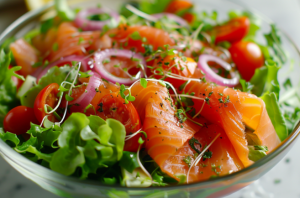 A bowl of cold Salmon Salad for Smoked Salmon