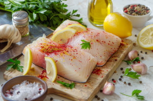 A plate of fresh tilapia fillets surrounded by ingredients for preparing butter garlic fish