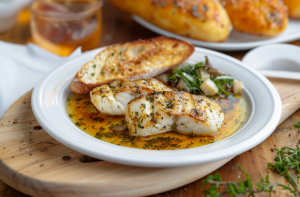 A plate of butter garlic fish with bread on a wooden table.