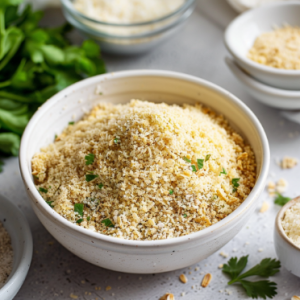 A bowl of panko breadcrumbs surrounded by ingredients for preparing panko bread crumbs fish fried