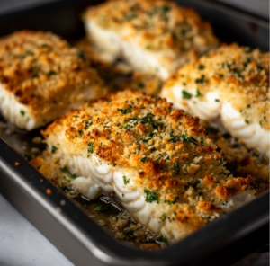 Breaded fish sizzling in a pan to make panko bread crumbs fish fried