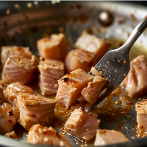 Sizzling tuna fish cubes frying in a pan with olive oil for tuna fish casserole recipe