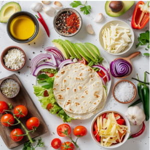 Ingredients for grilled chicken wraps - flour tortillas, avocado slices, tomatoes, and spices on a white background.