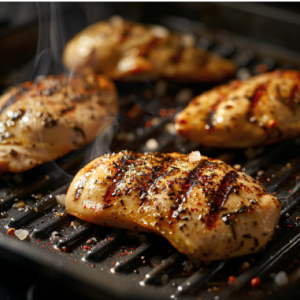 Chicken grilling on a grill pan for chicken wraps recipe