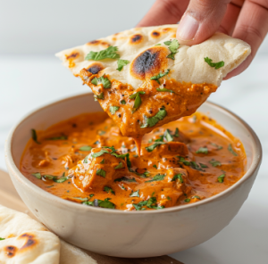 Naan dipped in a bowl of butter chicken gravy and being lifted for butter chicken recipe