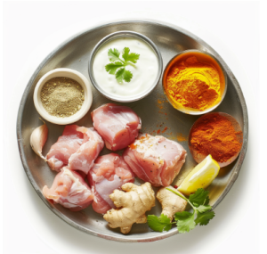 A plate of ingredients for butter chicken recipe