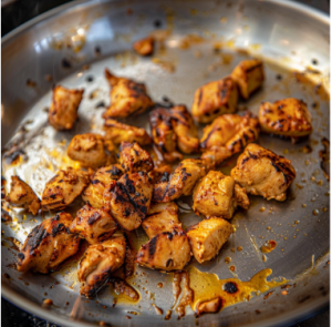 Boneless chicken cubes fried and charred to perfection in a pan for butter chicken recipe